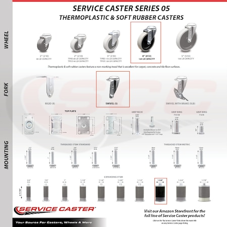 Service Caster 4 Inch Thermoplastic Rubber Wheel 1-5/8 Inch Expanding Stem Caster SCC SCC-EX05S410-TPRS-158
